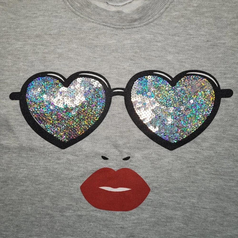 Cropped Sweatshirt Gray Sequin Heart Glasses Lips Sparkle Y2K Athleisure